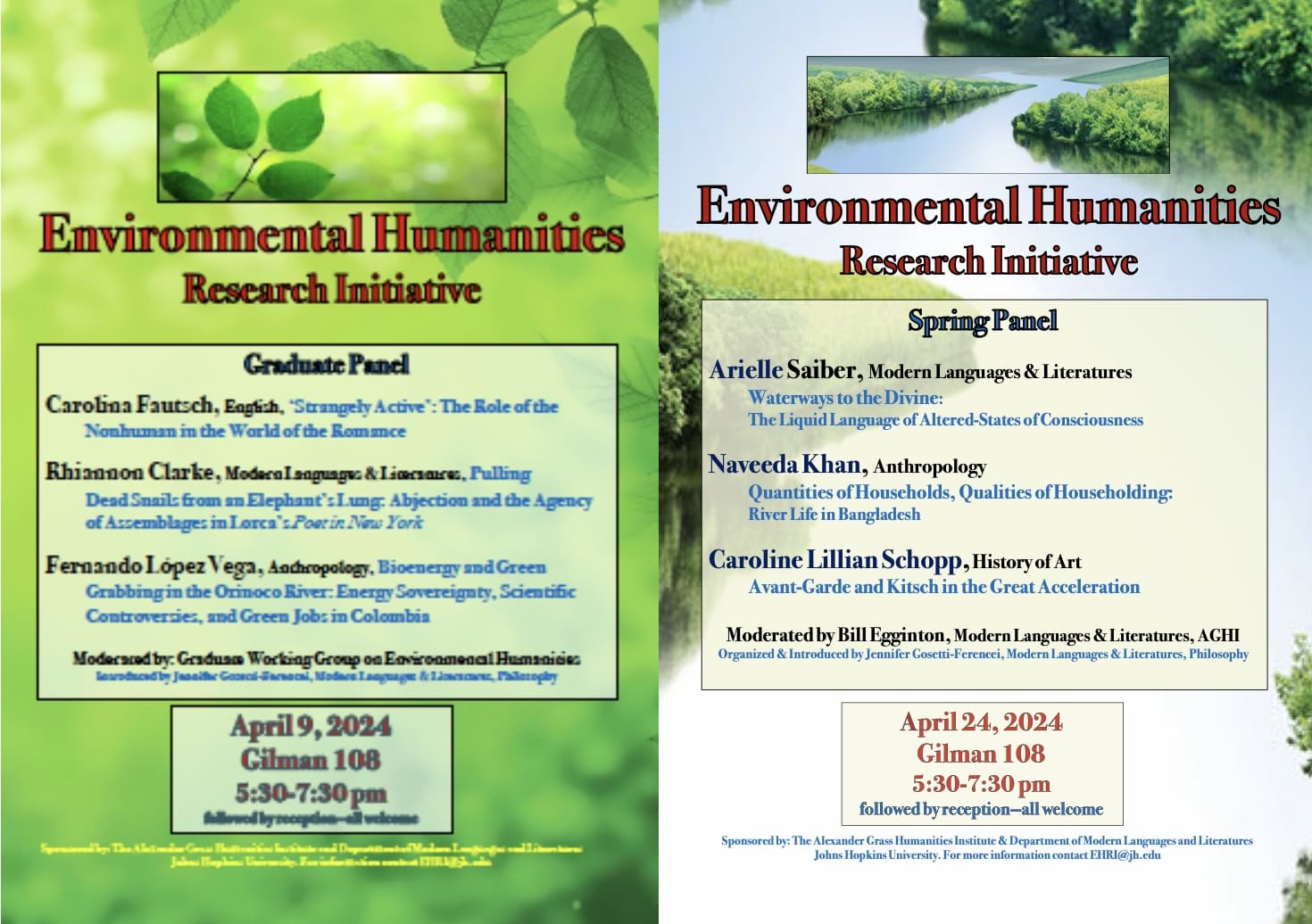 Posters for two panels featuring the speakers' names and presentation titles against a backgrounds of pictures of nature (trees and lakes).